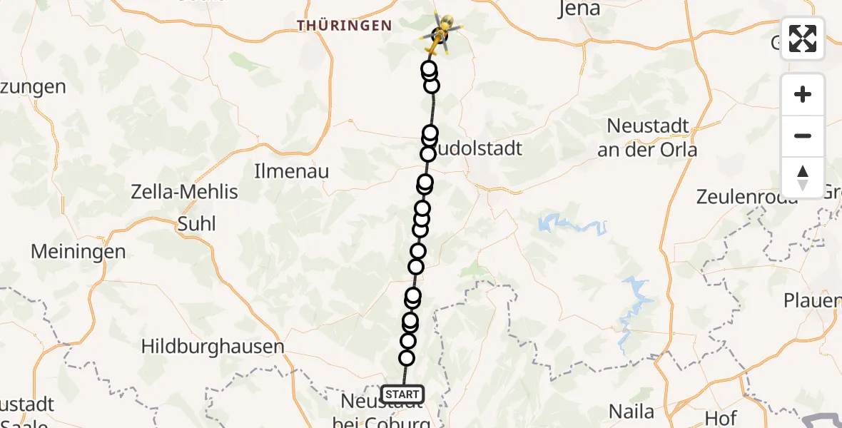 Flugroute Ambulanzhubschrauber Sonneberg - DRF Rettungsstation Bad Berka Hubschrauberlandeplatz, 01 August 2026, 19:44