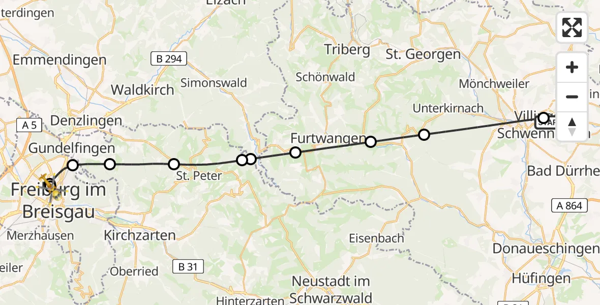 Flugroute Ambulanzhubschrauber DRF Air Rescue Station Villingen-Schwenningen Hubschrauberlandeplatz (Christoph 11) - Freiburg University Hospital Heliport 1, 01 August 2026, 19:44