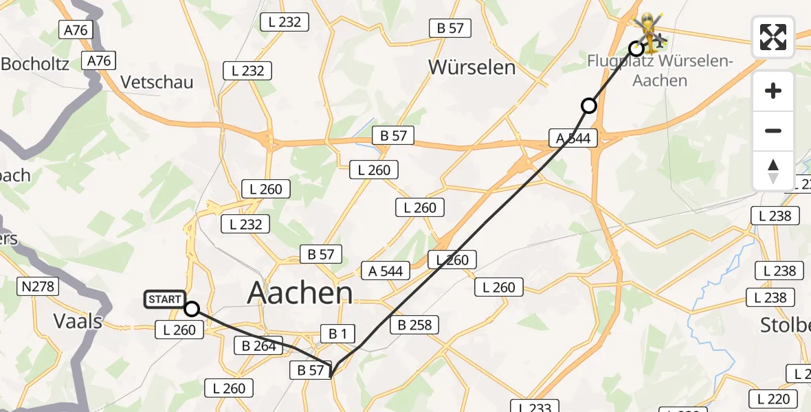 Flugroute Rettungshubschrauber Aachen Hospital - Aachen-Merzbrück Flughafen, 01 August 2026, 19:52