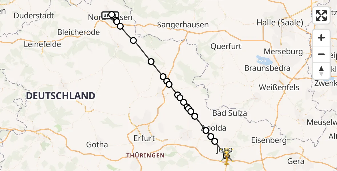 Flugroute Rettungshubschrauber Südharz Hospital Nordhausen - Lobeda Hubschrauberlandeplatz, 01 August 2026, 20:02