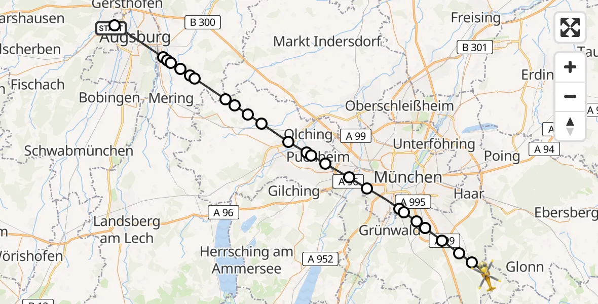Flugroute Rettungshubschrauber Augsburg University Hospital - Aying, 01 August 2026, 20:02