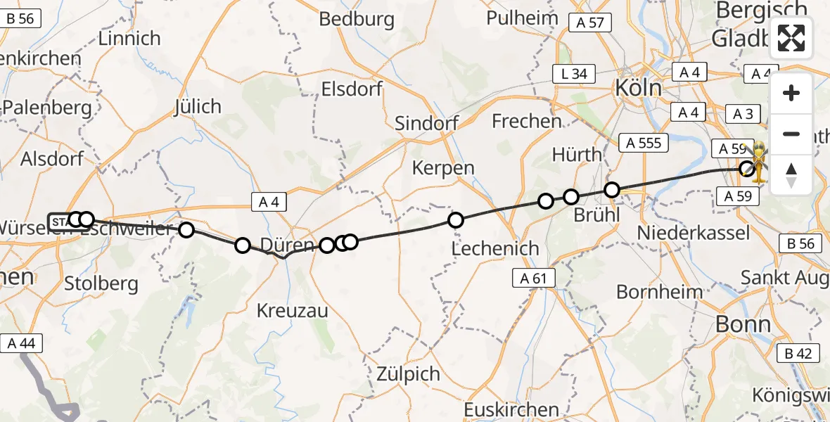 Flugroute Rettungshubschrauber Aachen-Merzbrück Flughafen - Köln Bonn Flughafen, 01 August 2026, 20:09