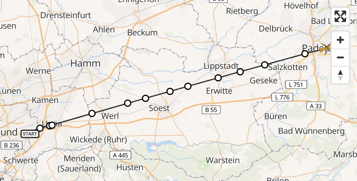 Flugroute Rettungshubschrauber Dortmund Flughafen - Paderborn, 01 August 2026, 20:11