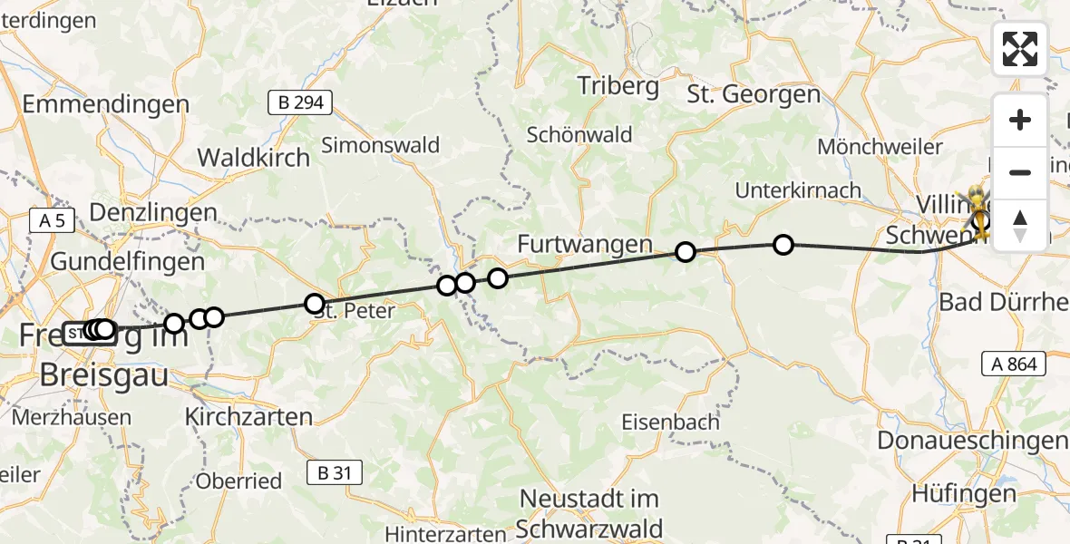 Flugroute Ambulanzhubschrauber Freiburg University Hospital Heliport 1 - DRF Air Rescue Station Villingen-Schwenningen Hubschrauberlandeplatz (Christoph 11), 01 August 2026, 20:43