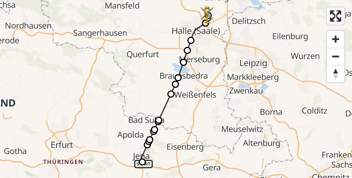 Flugroute Rettungshubschrauber Lobeda Hubschrauberlandeplatz - Halle-Oppin Flugplatz, 01 August 2026, 21:06
