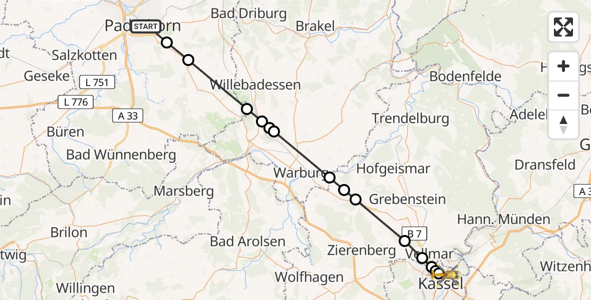 Flugroute Rettungshubschrauber Paderborn - Kassel, 01 August 2026, 21:13