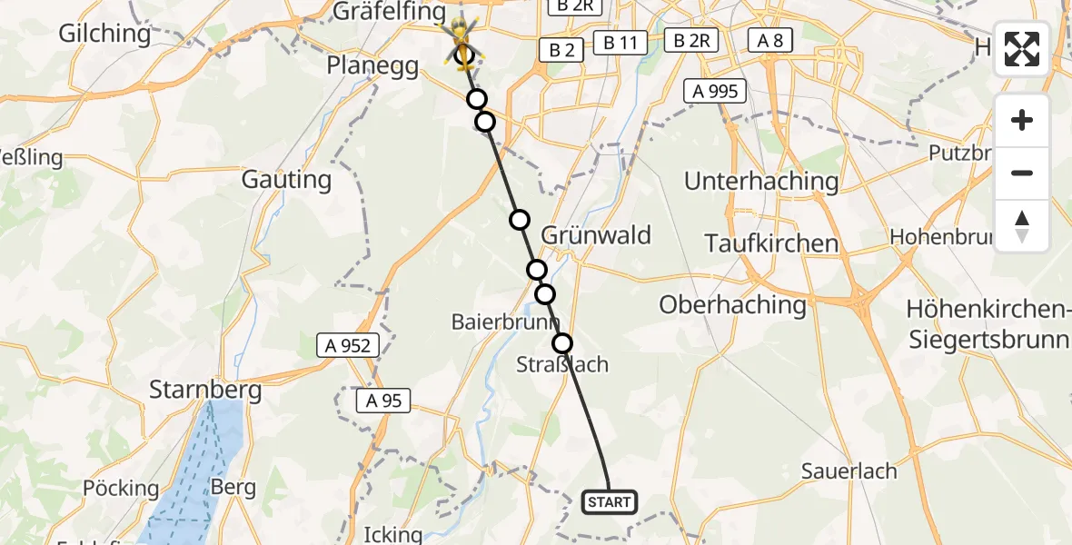 Flugroute Rettungshubschrauber Straßlach-Dingharting - DRF Air Rescue München Hubschrauberlandeplatz, 01 August 2026, 21:39