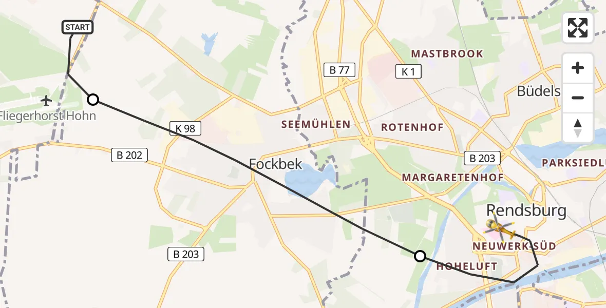 Flugroute Ambulanzhubschrauber Hohn - Rendsburg, 01 August 2026, 21:40