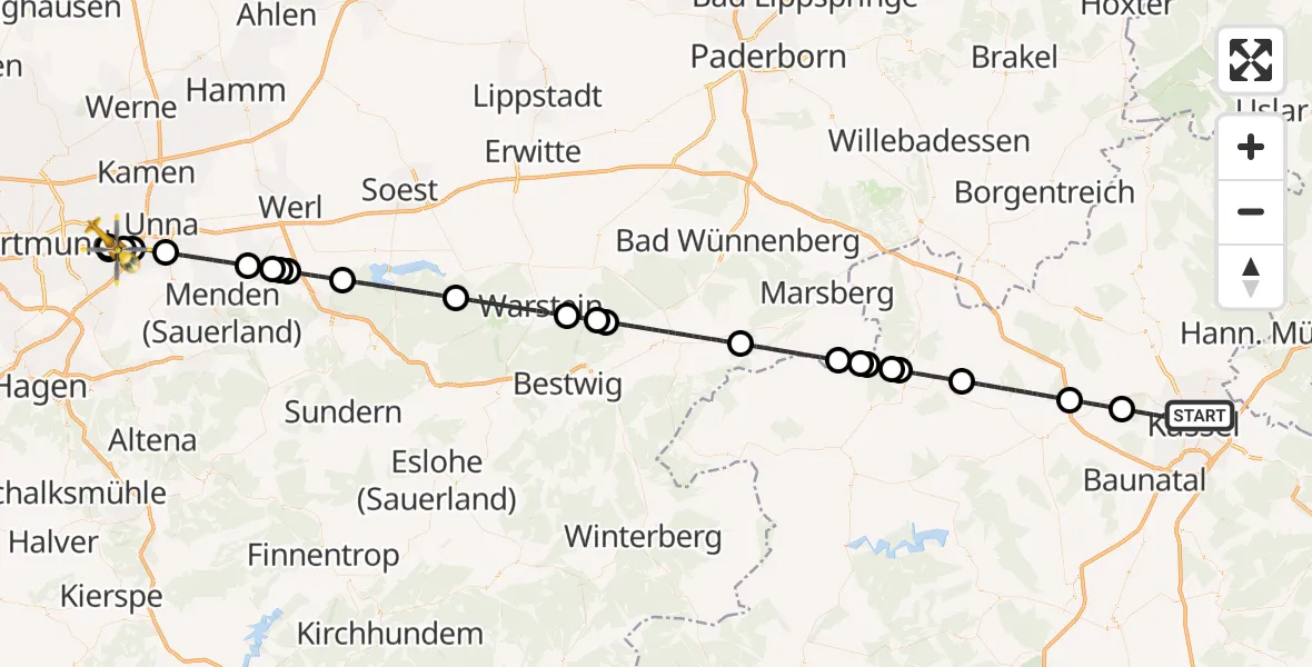 Flugroute Rettungshubschrauber Kassel - Dortmund Flughafen, 01 August 2026, 22:04