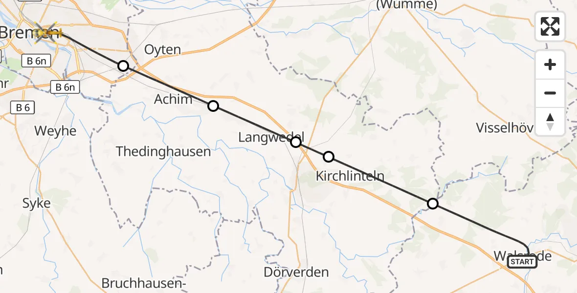 Flugroute Rettungshubschrauber Walsrode - Bremen, 02 August 2026, 00:38