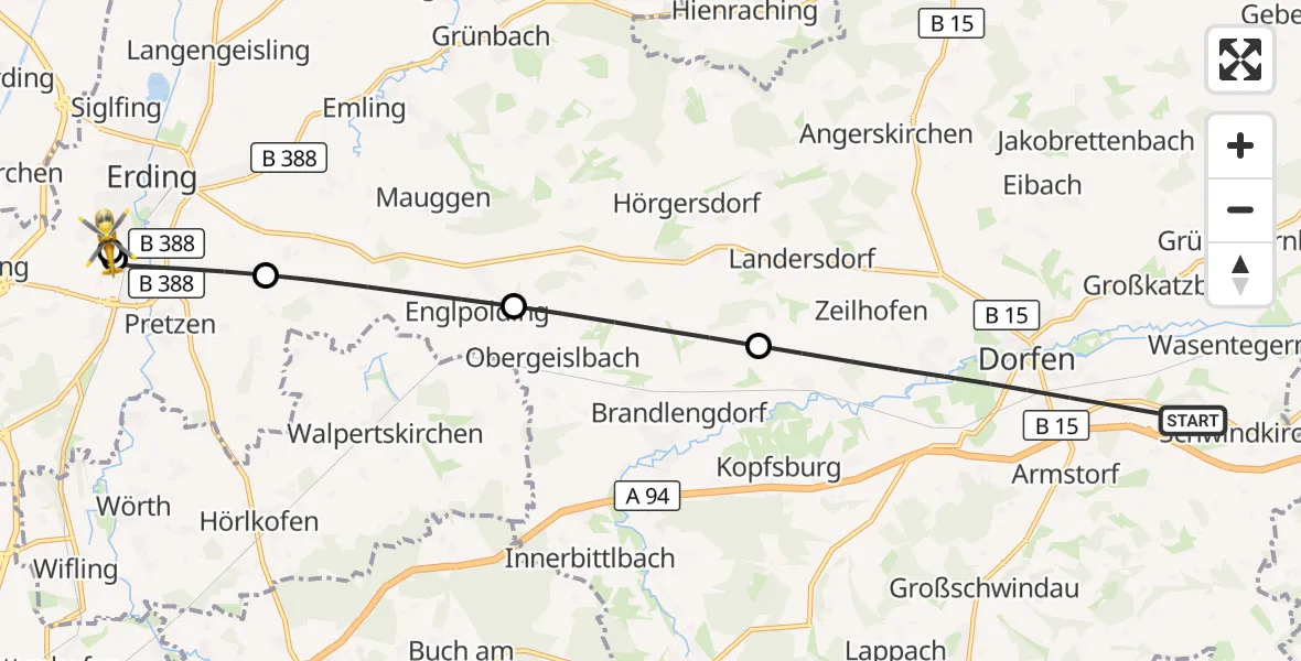 Flugroute Rettungshubschrauber Dorfen - Erding District Hospital, 02 August 2026, 01:02