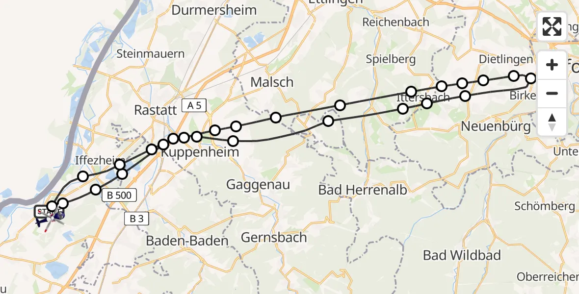 Flugroute Polizeihubschrauber Karlsruhe Baden-Baden Flughafen - Karlsruhe Baden-Baden Flughafen, 02 August 2026, 03:53