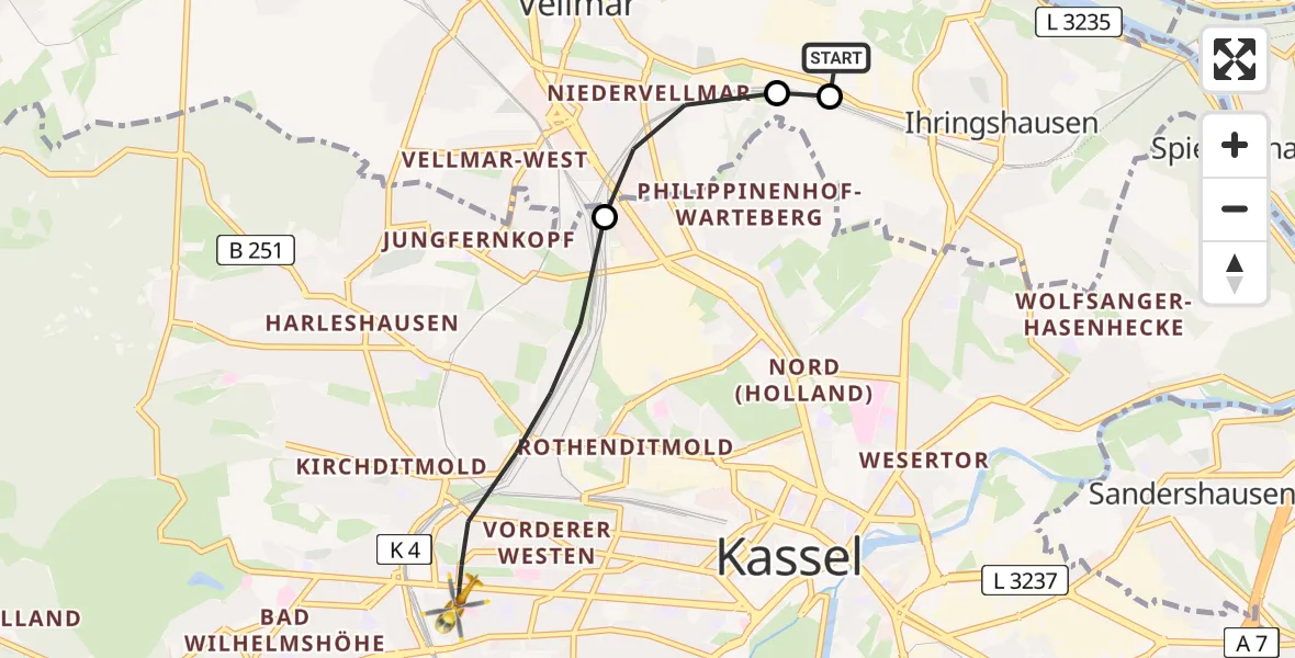 Flugroute Rettungshubschrauber Fuldatal Bundespolizei Hubschrauberlandeplatz - Kassel, 02 August 2026, 05:02