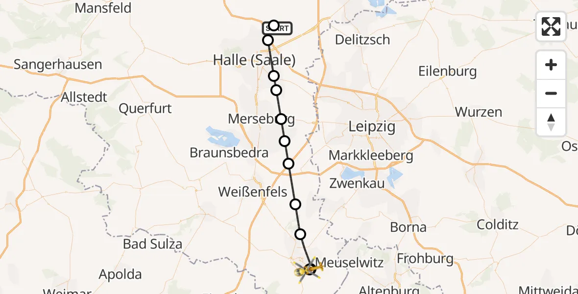 Flugroute Rettungshubschrauber Halle-Oppin Flugplatz - Zeitz Hospital, 02 August 2026, 05:08