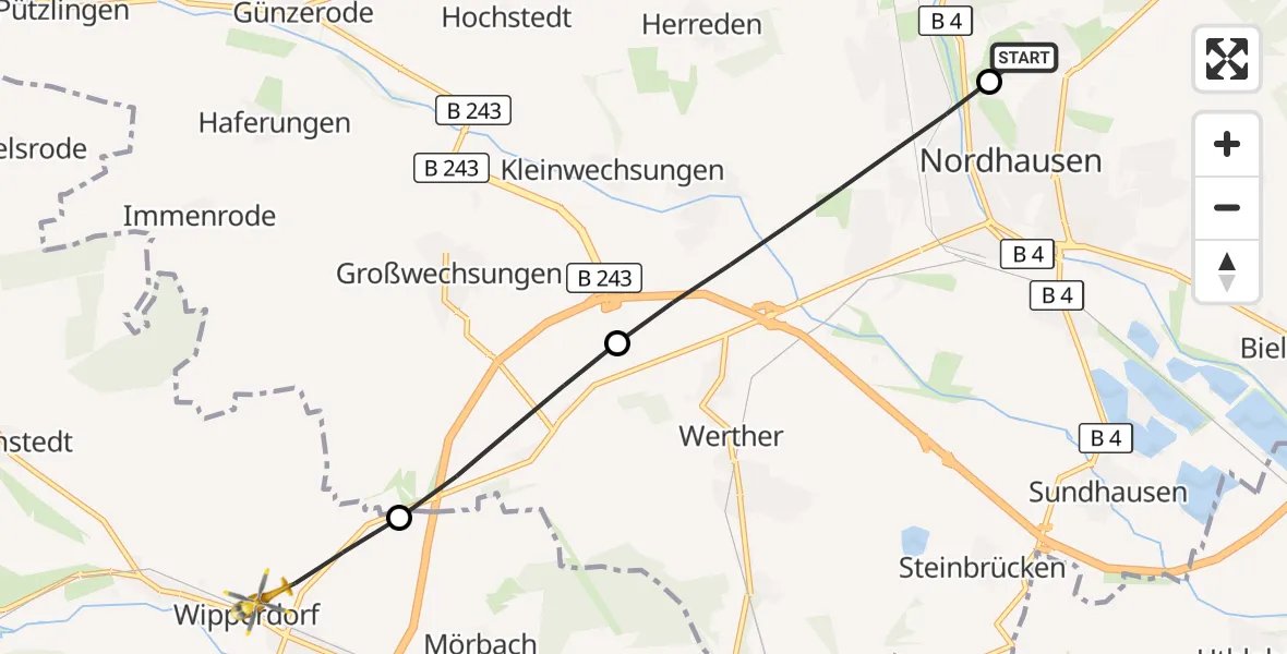 Flugroute Rettungshubschrauber Südharz Hospital Nordhausen - Bleicherode, 02 August 2026, 05:50