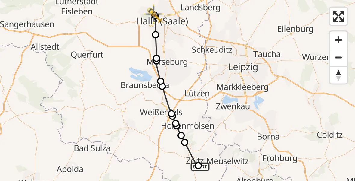 Flugroute Rettungshubschrauber Zeitz Hospital - Halle (Saale) University Hospital, 02 August 2026, 05:54