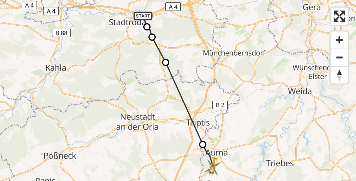 Flugroute Rettungshubschrauber Stadtroda - Auma-Weidatal, 02 August 2026, 05:54