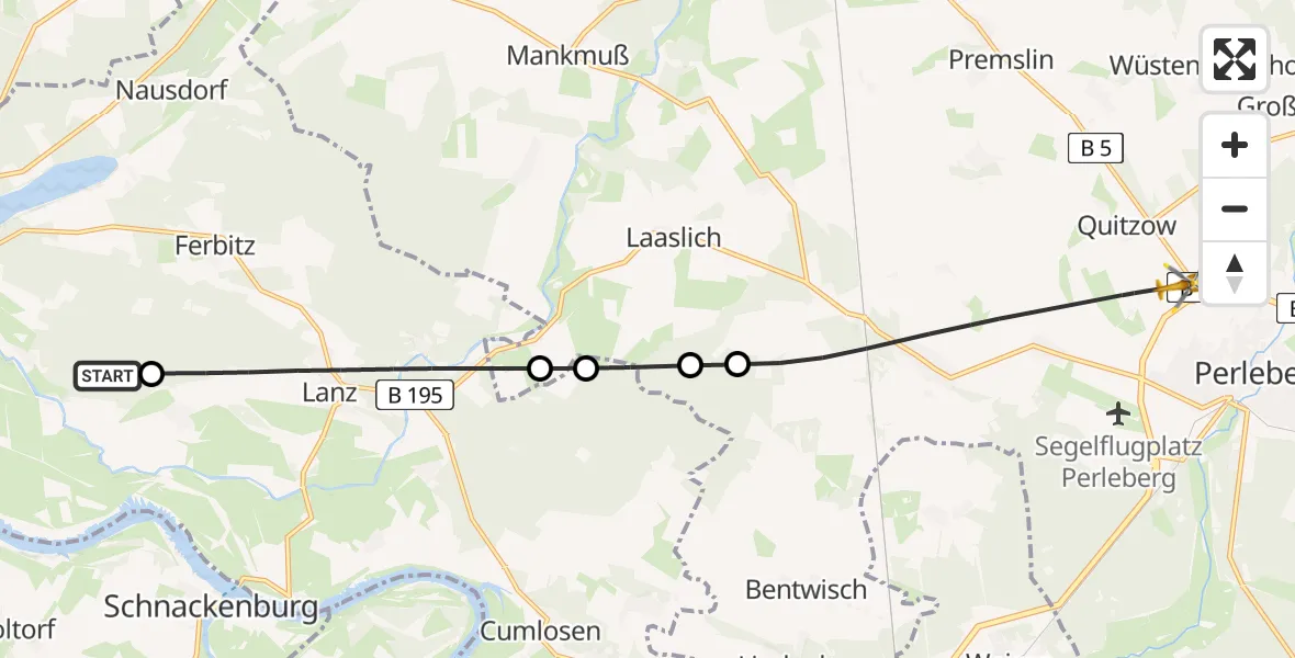 Flugroute Rettungshubschrauber Lenzen (Elbe) - Perleberg, 02 August 2026, 05:56