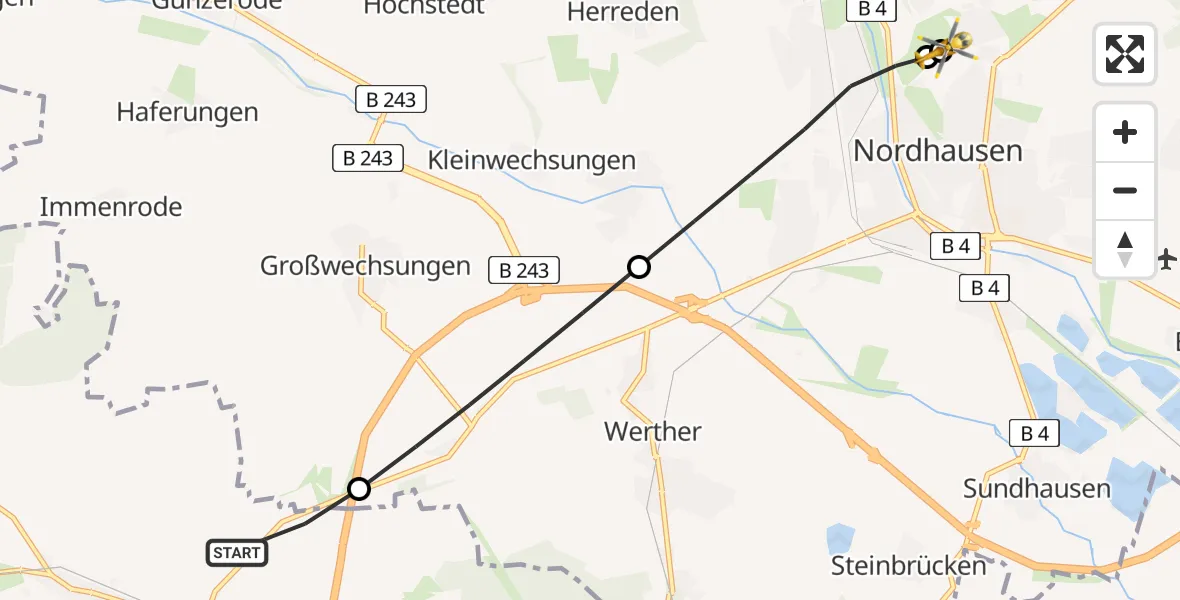 Flugroute Rettungshubschrauber Bleicherode - Südharz Hospital Nordhausen, 02 August 2026, 06:23