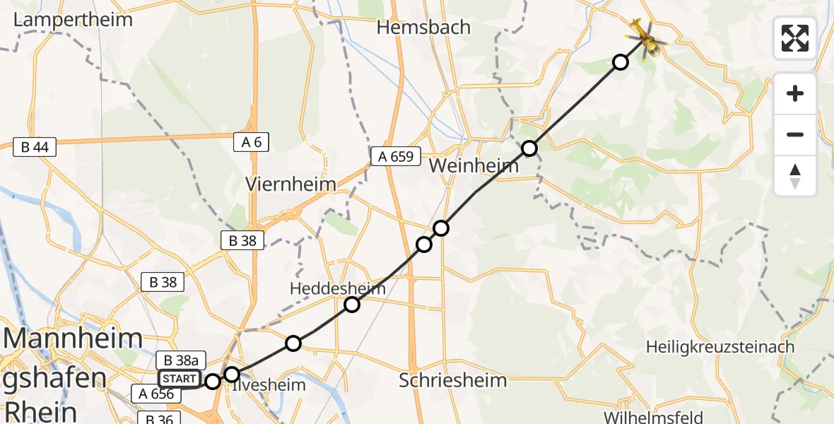Flugroute Rettungshubschrauber Mannheim-City Flughafen - Mörlenbach, 02 August 2026, 06:36
