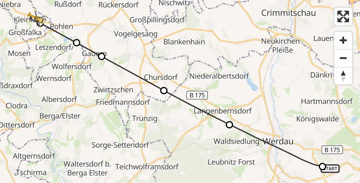 Flugroute Rettungshubschrauber ADAC Air Rescue Station Zwickau Hubschrauberlandeplatz - Gera, 02 August 2026, 06:52