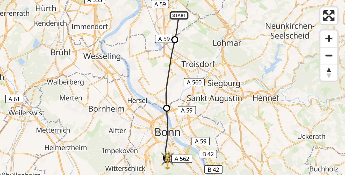 Flugroute Ambulanzhubschrauber Köln Bonn Flughafen - Bonn University Hospital, 02 August 2026, 07:11