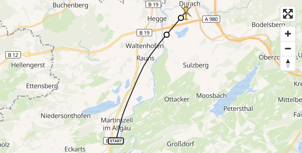 Flugroute Rettungshubschrauber Waltenhofen - Kempten-Durach Flugplatz, 02 August 2026, 07:28