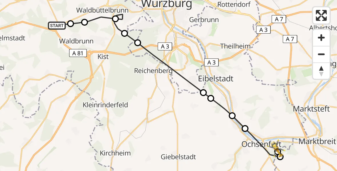 Flugroute Rettungshubschrauber Waldbrunn - Ochsenfurt Hospital, 02 August 2026, 08:01
