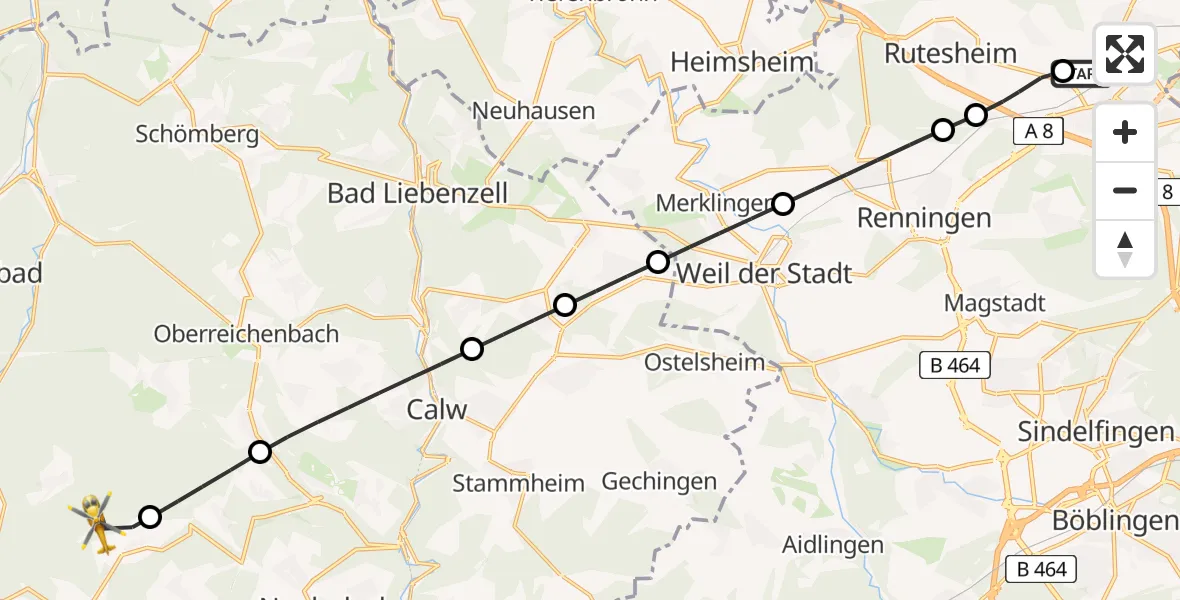 Flugroute Rettungshubschrauber Leonberg Hospital - Neuweiler, 02 August 2026, 08:06