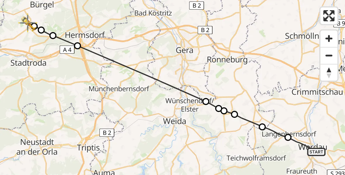 Flugroute Rettungshubschrauber Werdau - Schöngleina, 02 August 2026, 08:18
