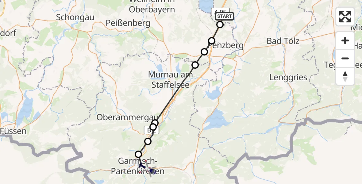 Flugroute Polizeihubschrauber Eurasburg - Garmisch-Partenkirchen Clinic Hubschrauberlandeplatz, 02 August 2026, 08:20