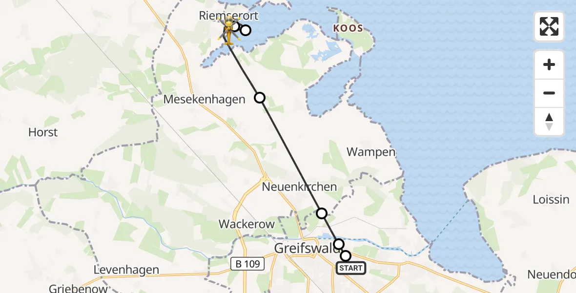Flugroute Rettungshubschrauber Greifswald Hospital - Mesekenhagen, 02 August 2026, 08:24