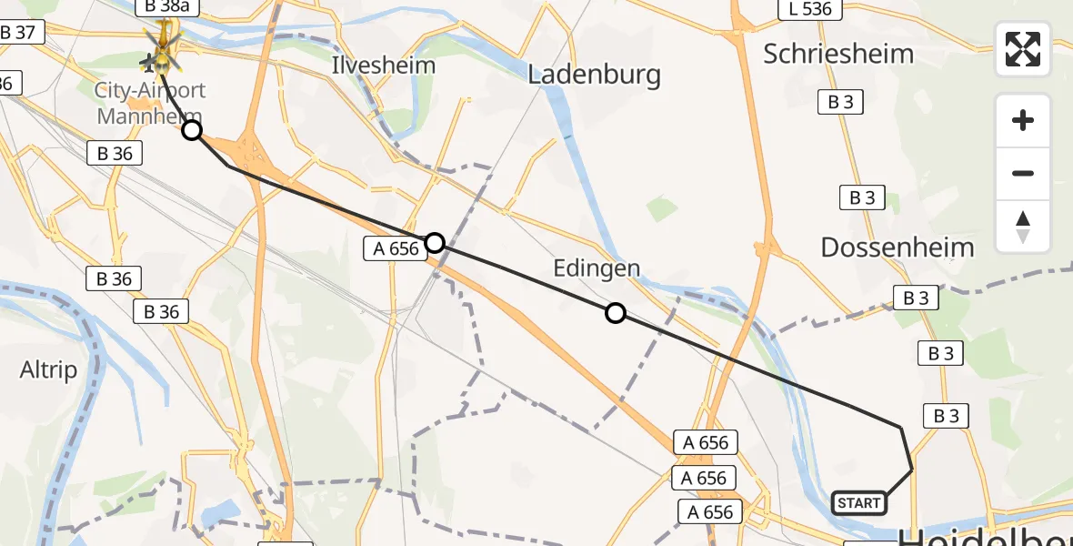 Flugroute Rettungshubschrauber Heidelberg - Mannheim-City Flughafen, 02 August 2026, 08:31