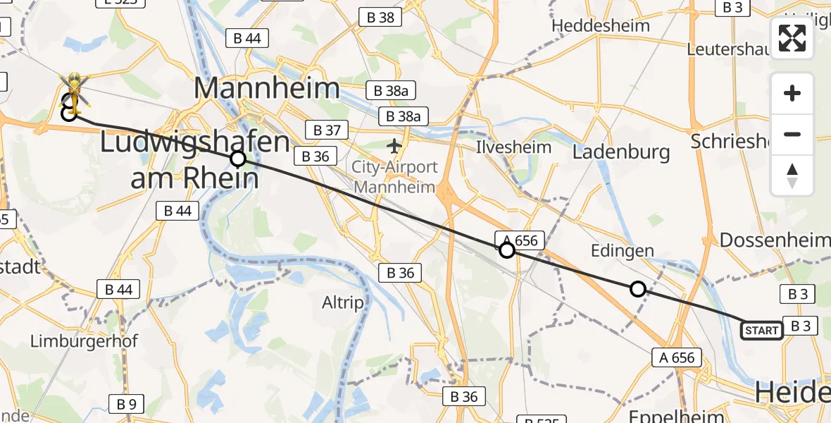 Flugroute Rettungshubschrauber Heidelberg - Ludwigshafen Accident Hospital, 02 August 2026, 08:36