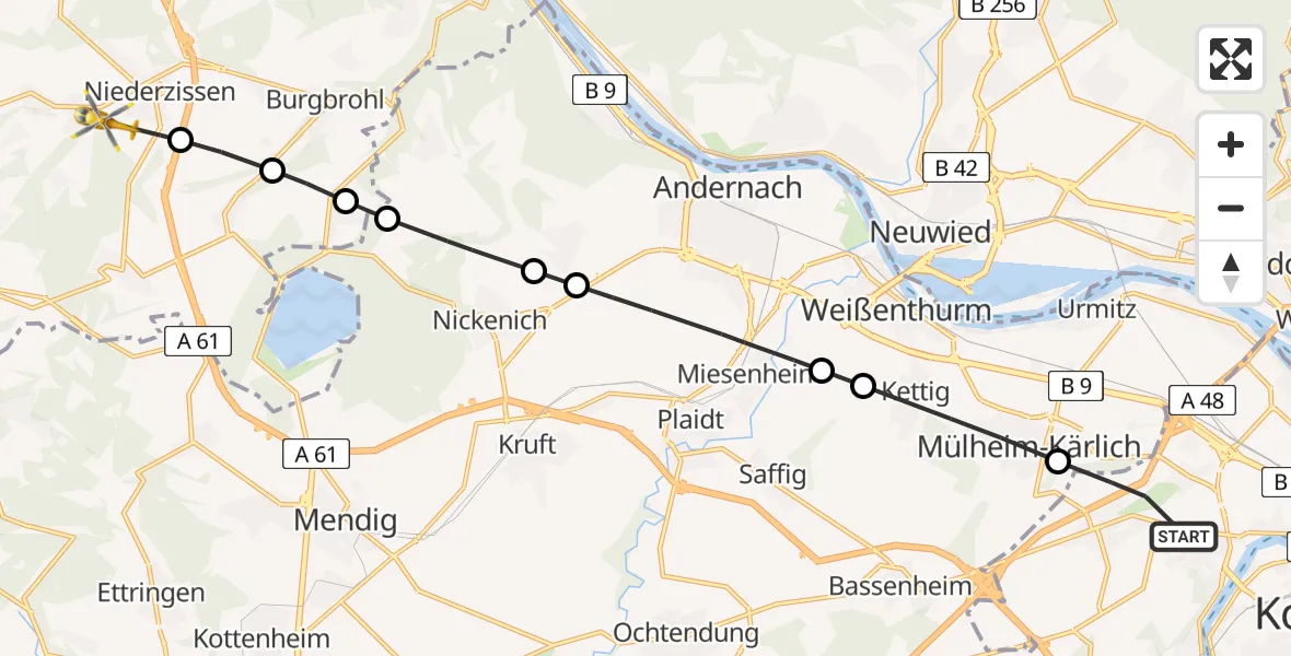 Flugroute Rettungshubschrauber Koblenz - Oberzissen, 02 August 2026, 08:58