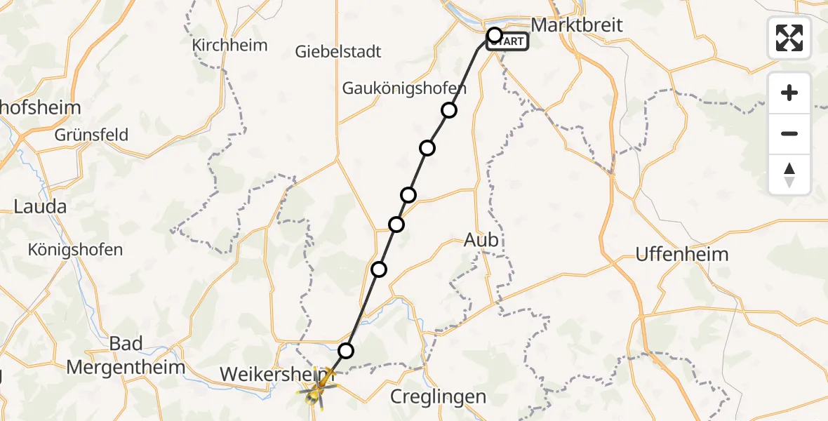 Flugroute Rettungshubschrauber Ochsenfurt Hospital - Weikersheim, 02 August 2026, 09:05