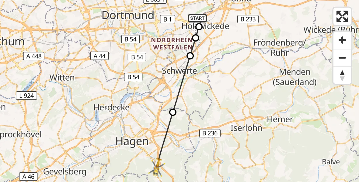 Flugroute Rettungshubschrauber Dortmund Flughafen - Hagen, 02 August 2026, 09:10