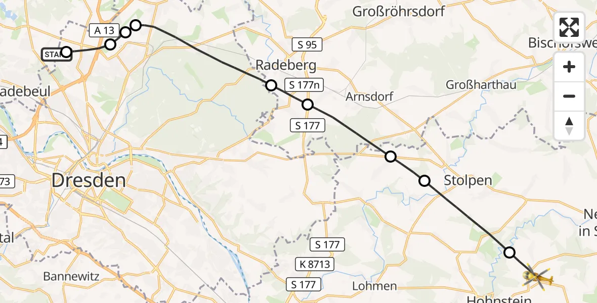Flugroute Rettungshubschrauber Moritzburg - Hohnstein, 02 August 2026, 09:13