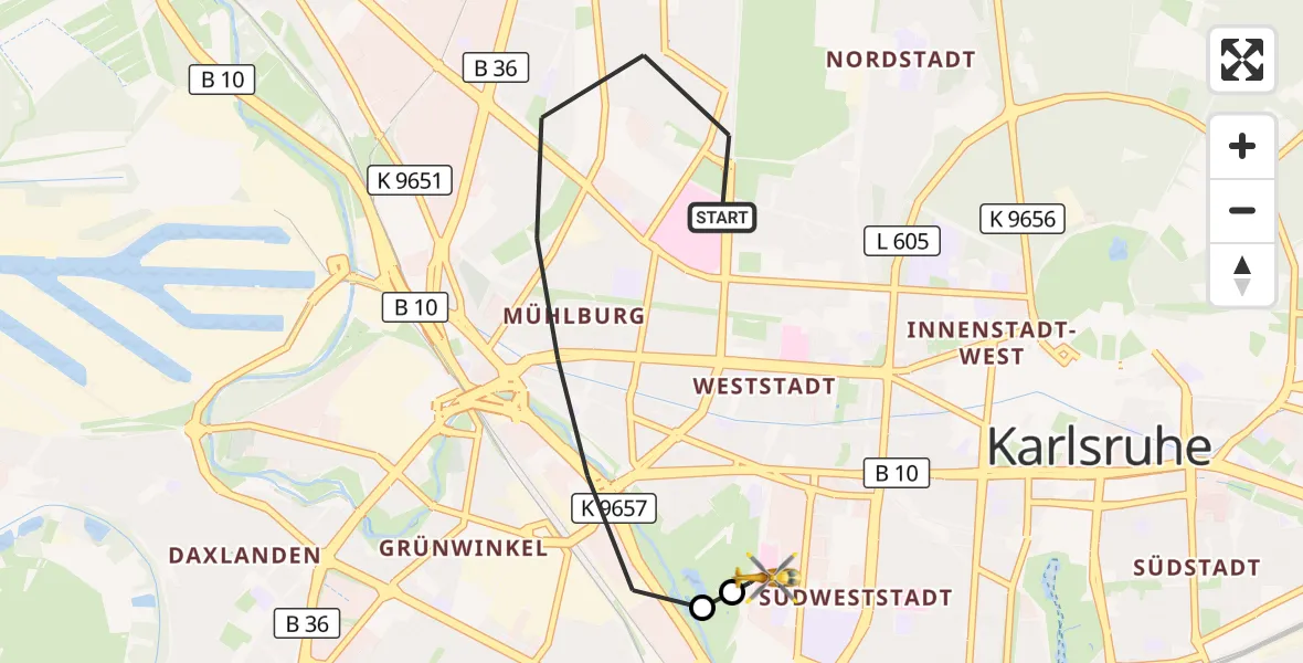 Flugroute Ambulanzhubschrauber Karlsruhe - Sankt Vincentius Hospital, 02 August 2026, 09:21