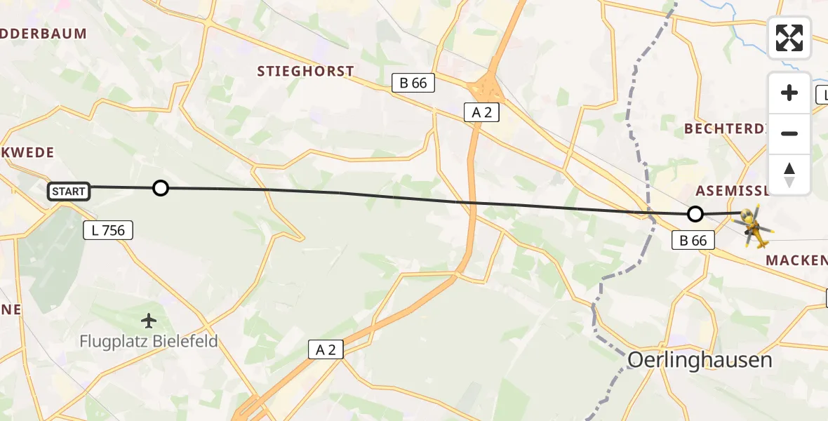 Flugroute Rettungshubschrauber Luftrettungszentrum Bielefeld - Leopoldshöhe, 02 August 2026, 09:28