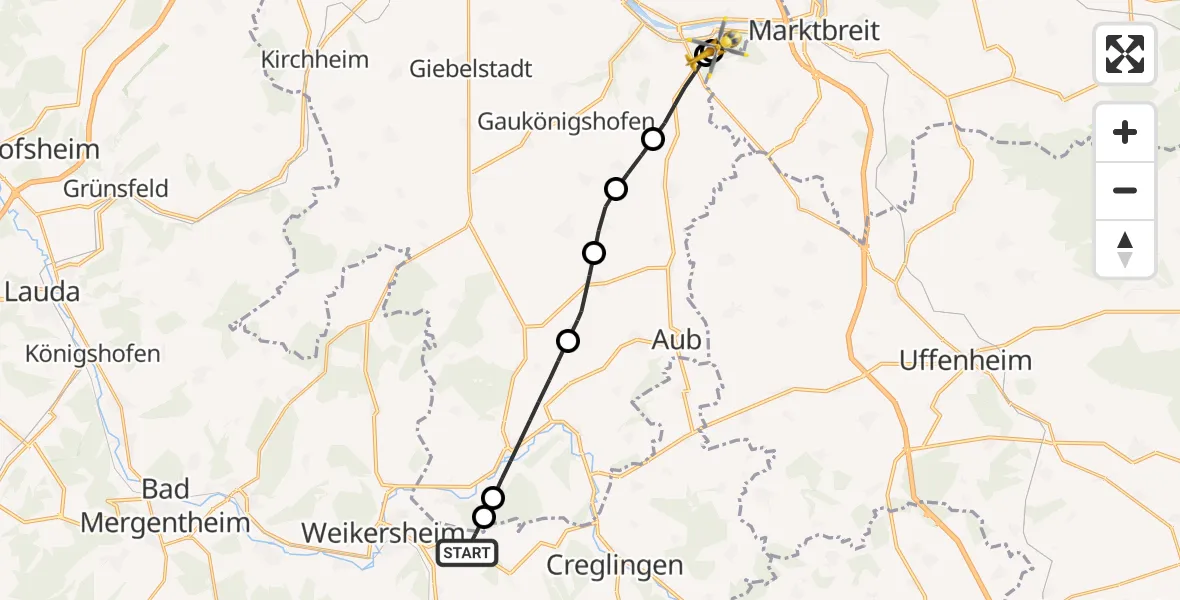 Flugroute Rettungshubschrauber Weikersheim - Ochsenfurt Hospital, 02 August 2026, 09:29