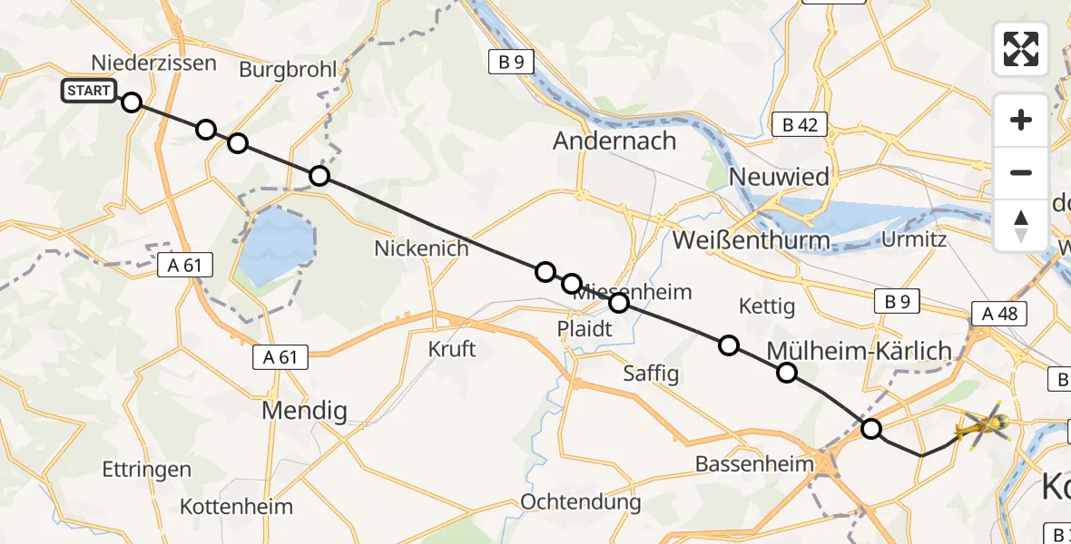 Flugroute Rettungshubschrauber Oberzissen - Koblenz, 02 August 2026, 09:38