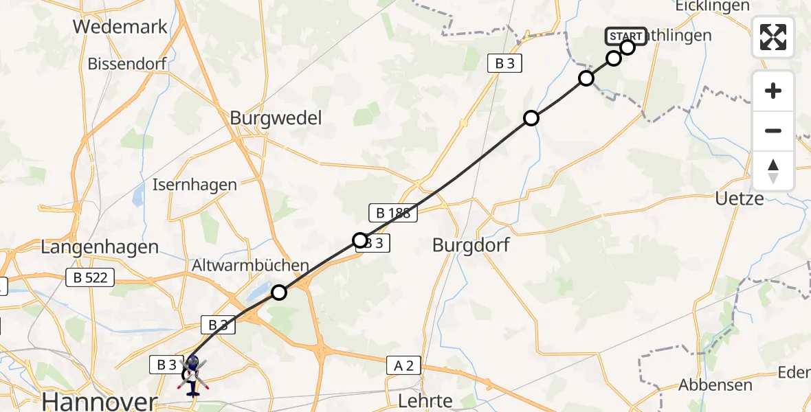 Flugroute Polizeihubschrauber Nienhagen - Hannover Luftrettung Hubschrauberlandeplatz (Christoph 4), 02 August 2026, 09:39