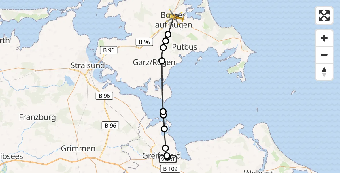 Flugroute Rettungshubschrauber Greifswald Hospital - Bergen auf Rügen, 02 August 2026, 09:56