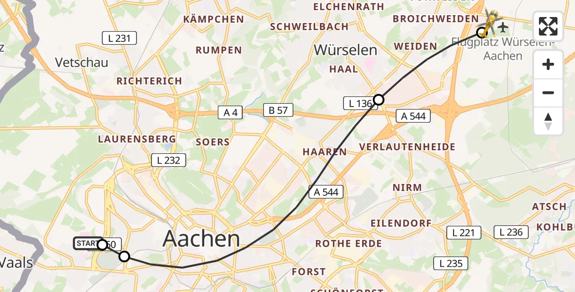 Flugroute Rettungshubschrauber Aachen Hospital - Aachen-Merzbrück Flughafen, 02 August 2026, 09:57
