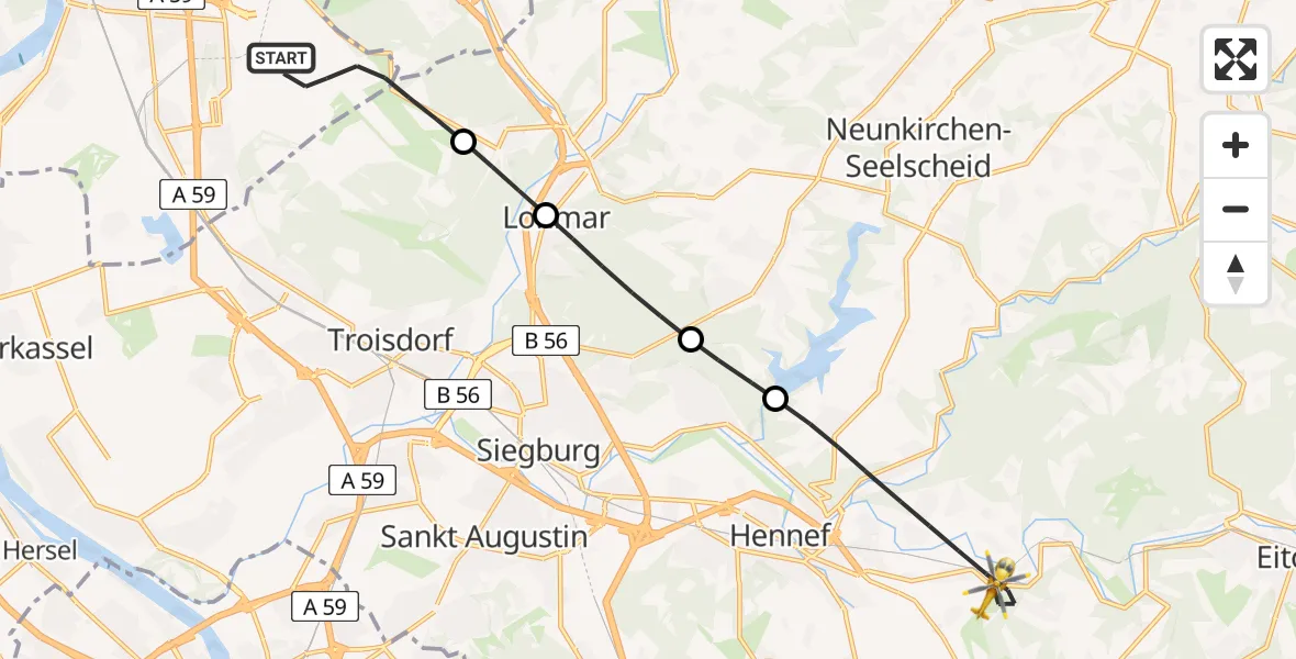 Flugroute Rettungshubschrauber Köln Bonn Flughafen - Hennef (Sieg), 02 August 2026, 09:59
