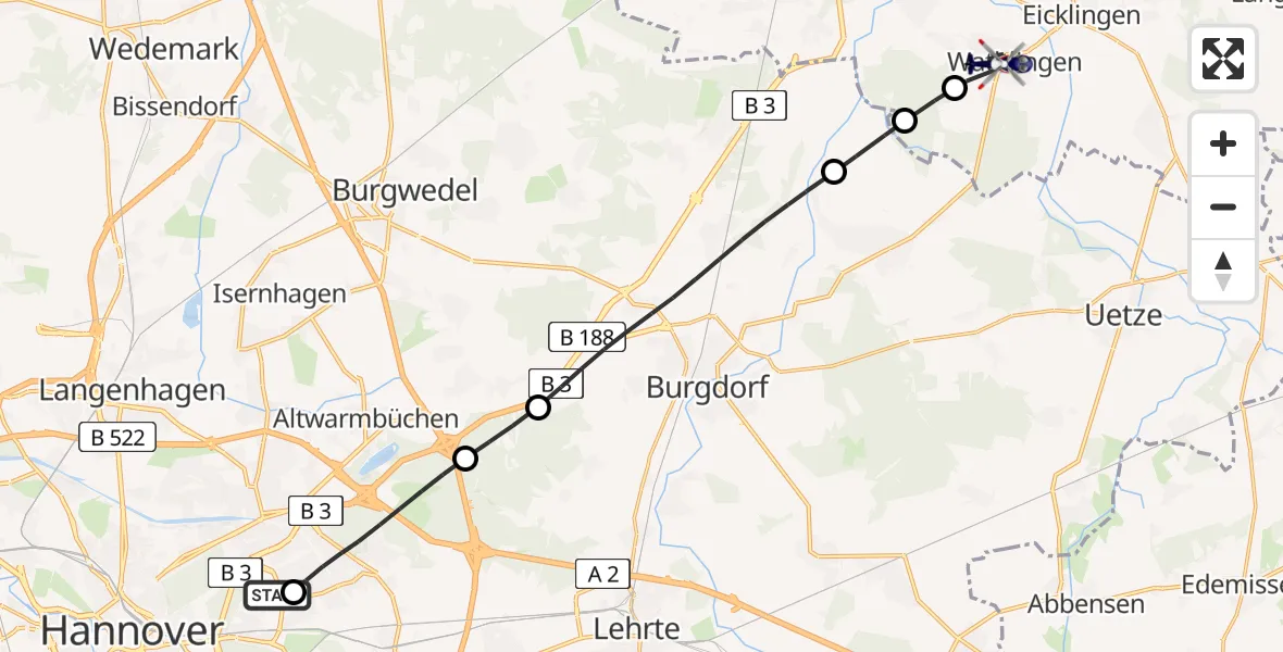 Flugroute Polizeihubschrauber Hannover Luftrettung Hubschrauberlandeplatz (Christoph 4) - Wathlingen, 02 August 2026, 10:04