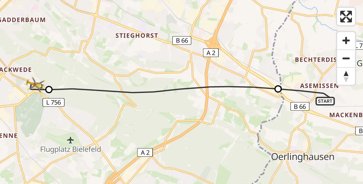 Flugroute Rettungshubschrauber Leopoldshöhe - Luftrettungszentrum Bielefeld, 02 August 2026, 10:04