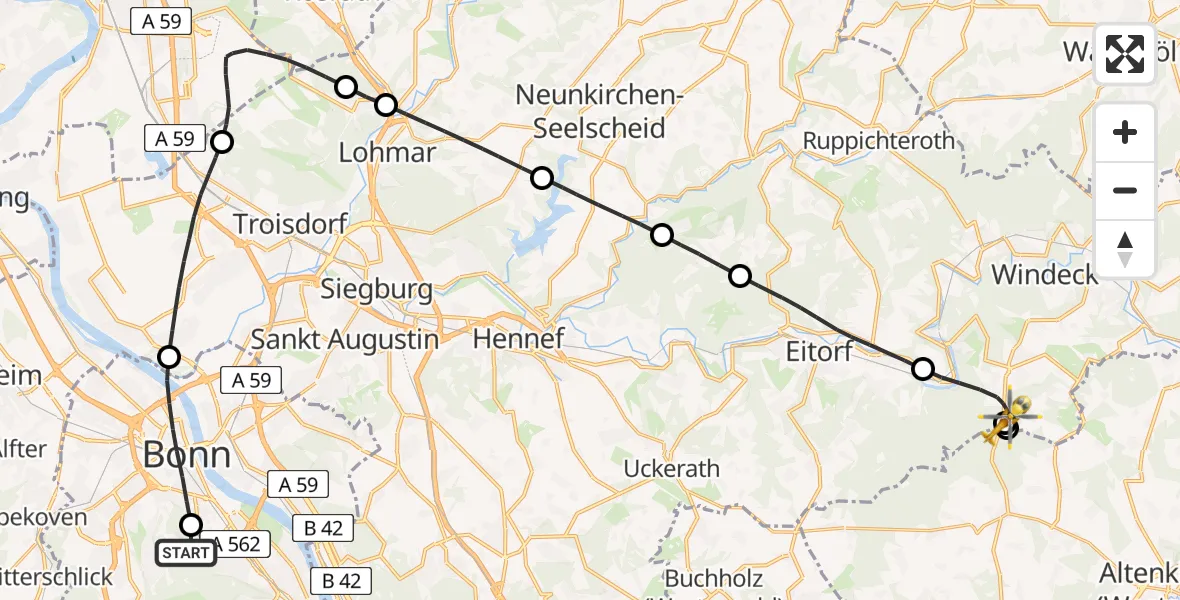 Flugroute Ambulanzhubschrauber Bonn University Hospital - Windeck, 02 August 2026, 10:05