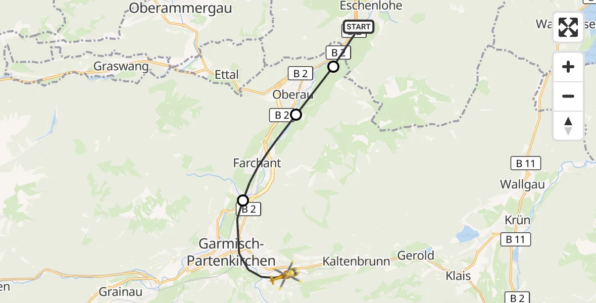Flugroute Rettungshubschrauber Eschenlohe - Garmisch-Partenkirchen Clinic Hubschrauberlandeplatz, 02 August 2026, 10:21